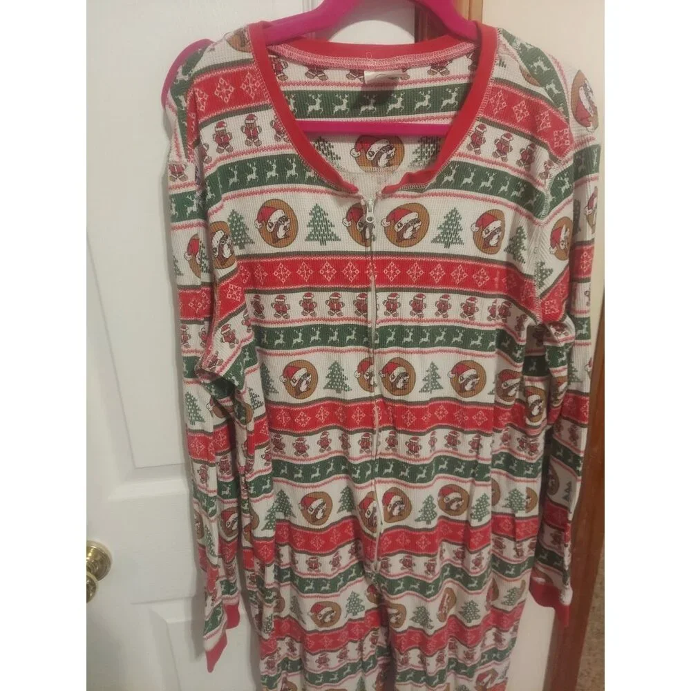 Buc-ees Adult‎ 2X Christmas Pajamas PJ Waffle Knit Zip One Piece Santa Beaver